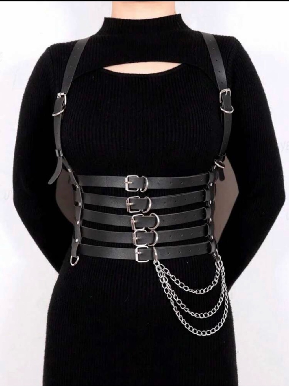 New Black Goth Metal chain Harness Belt Sexy PU Leather